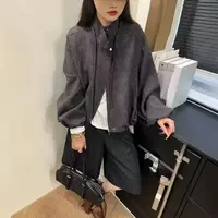 110区8512灰色春秋落肩女休闲立领外套