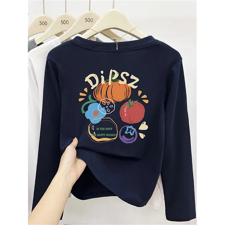 大码圆领正肩长袖T恤女秋季时尚设计感个性南瓜前后印花打底上衣