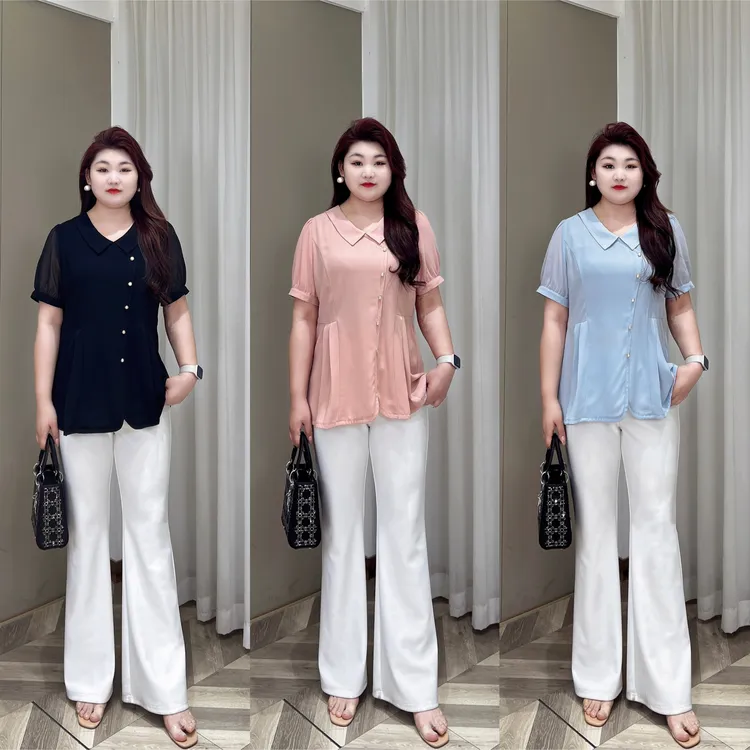 上衣【湘湘大码】PMM81852夏季气质女人遮肉显瘦百搭收腰短袖衬衫