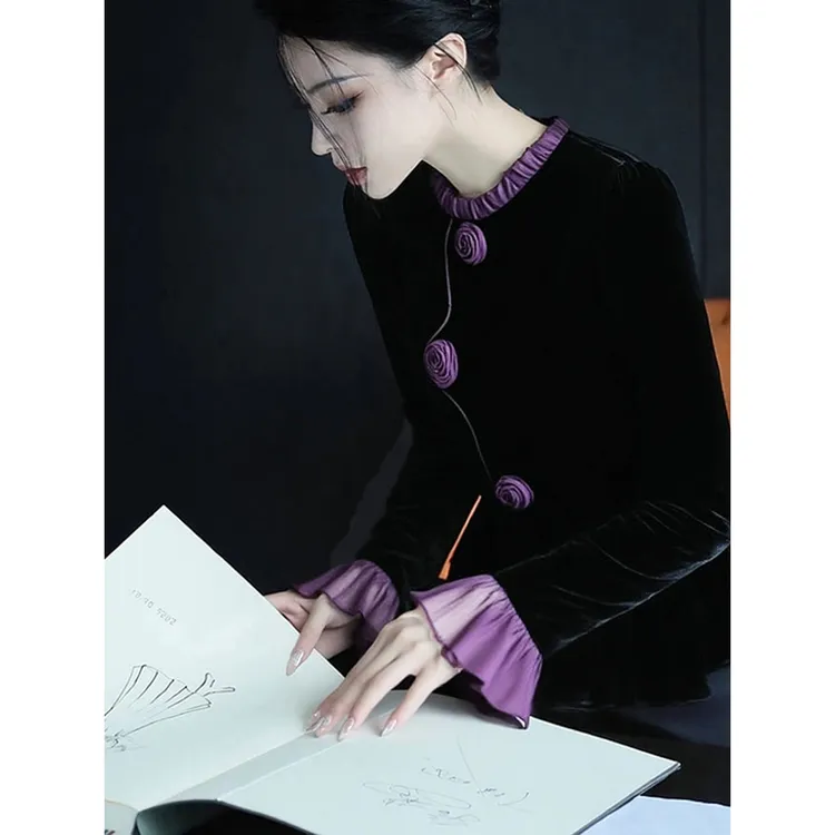 荷叶边衬衫女秋冬高级感轻奢减龄洋气赫本风法式小众黑色丝绒上衣