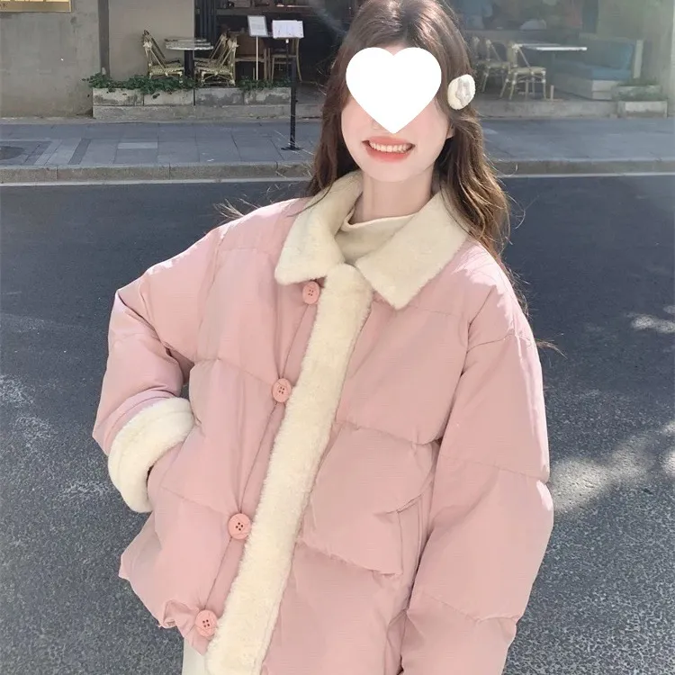 蓝色羊羔拼接甜美棉服2025冬季加厚新款短款保暖宽松面包外套