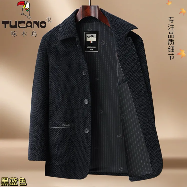 TUCANO/啄木鳥雪尼尔纽扣翻领中山装外套中老年爸爸装男士休闲