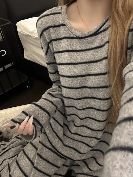 韩版条纹睡衣女秋冬季2025新款德绒长袖长裤简约高级感家居服套装