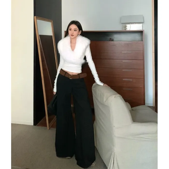 辣妹黑色休闲裤女春季低腰垂感长裤西装裤子显瘦微喇叭阔腿拖地裤