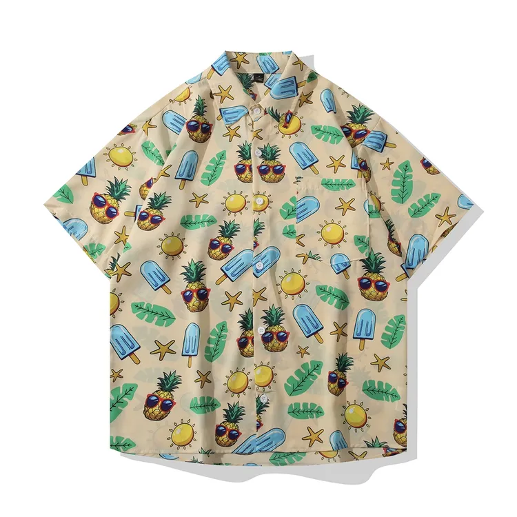夏季垂感冰丝衬衫男短袖复古夏威夷五分袖设计感情侣宽松印花衬衣
