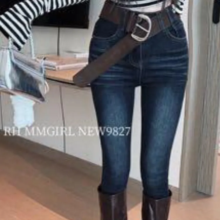 新款高腰显瘦加绒加厚九分小脚牛仔裤女紧身铅笔裤