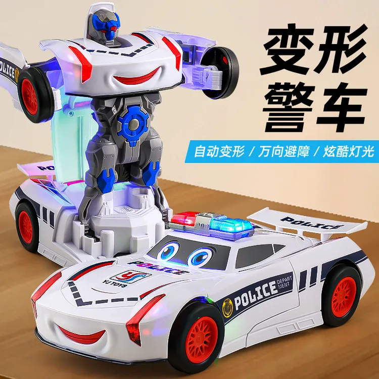 儿童变形汽车机器人玩具男孩电动警车灯光音乐万向小汽车生日礼物