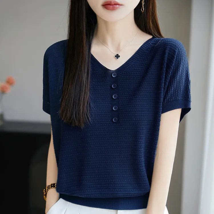 哥弟阿玛施官方新款纯色莱赛尔天丝V领T恤女时尚洋气宽松显瘦小衫