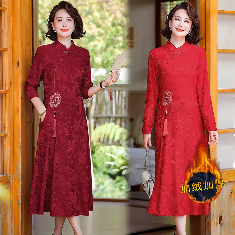 喜妈妈婚宴礼服秋冬装加绒加厚裙子中老年女冬季婆婆婚礼连衣裙子