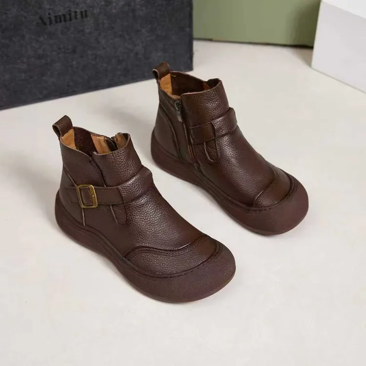 26-8868圆头复古平底新款轻便秋季牛皮女短靴时尚休闲女靴