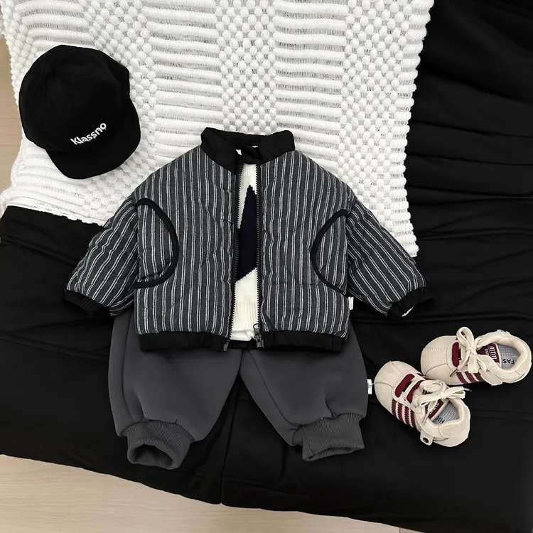 潮酷宝宝冬季棉服新款帅气男童洋气条纹夹棉加厚棉衣保暖婴儿衣服