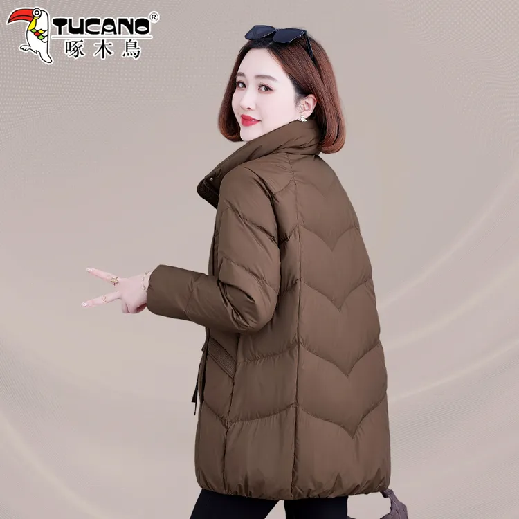 啄木鸟中长款羽绒服女冬季小个子2025新款中年女士白鸭绒立领外套