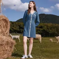 F4177-【摩】毛边装饰扣收腰牛仔连衣裙#XMF57L033