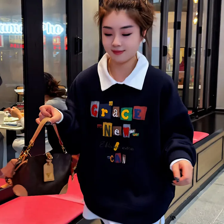 2025秋冬宽松慵懒松弛感设计感字母印花长袖上衣休闲通勤女款卫衣
