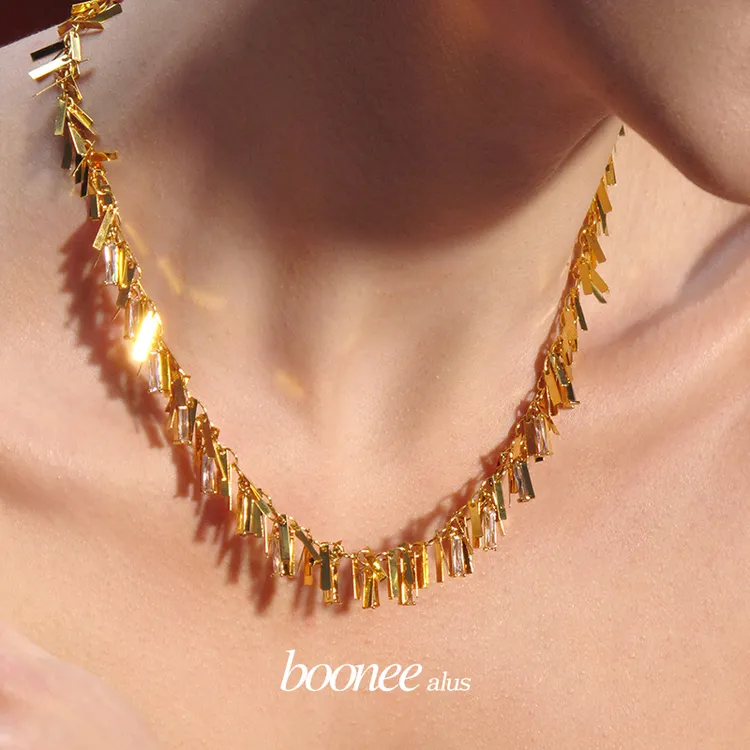 boonee alus 铜合金合成锆石项链 独特锆石流苏项链轻奢小众颈链