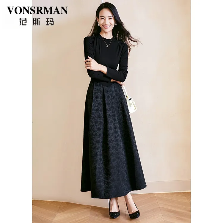 VONSRMAN国风高腰连衣裙2025秋季新款时尚显瘦印花气质百搭A字裙