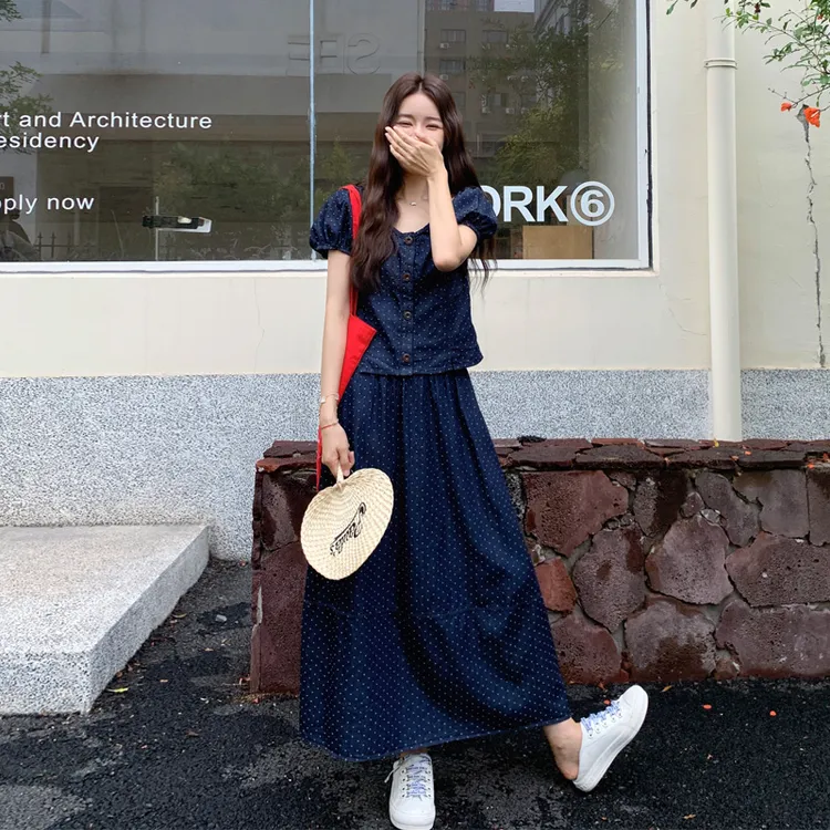 复古港风牛仔波点套装裙2025女夏新款氛围感优雅气质女神范两件套