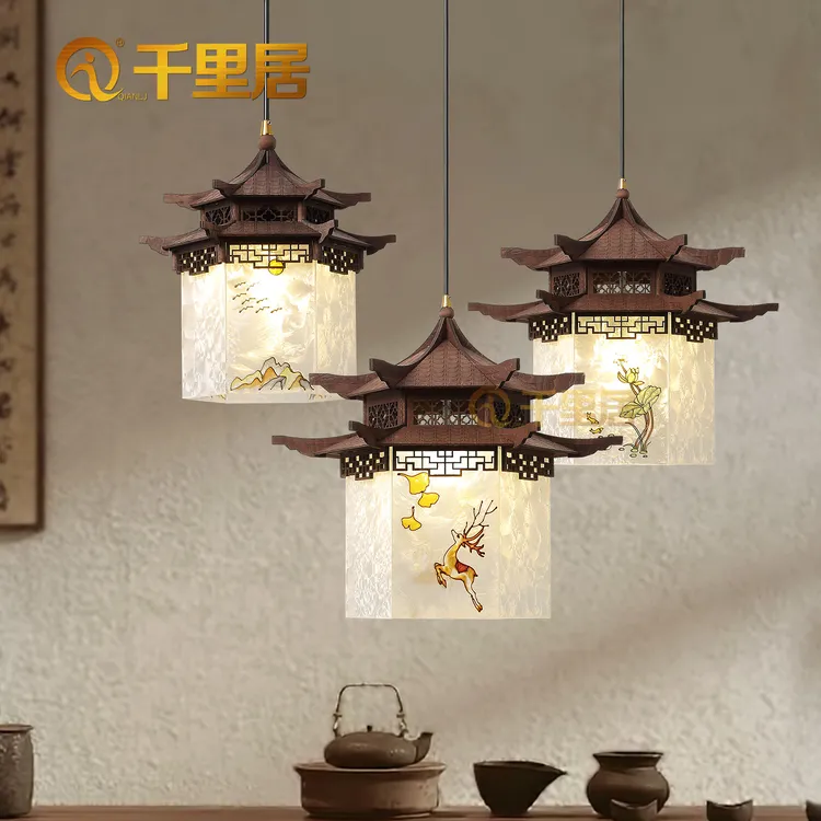 宋式美学新中式国风六角阁楼建筑模具餐厅床头茶室玄关过道吊灯