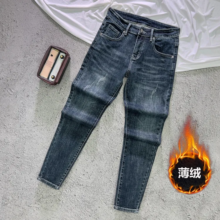 2025秋冬男款加绒牛仔裤复古弹力九分裤男士修身小脚潮流百搭长裤