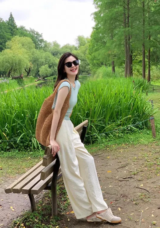 【海岛时光】时尚休闲气质慵懒风舒适透气薄荷绿T恤搭配山本裤套装