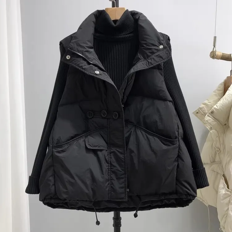 2025冬季新款中长款羽绒服女韩版加厚立领小个子白鸭绒面包服外套