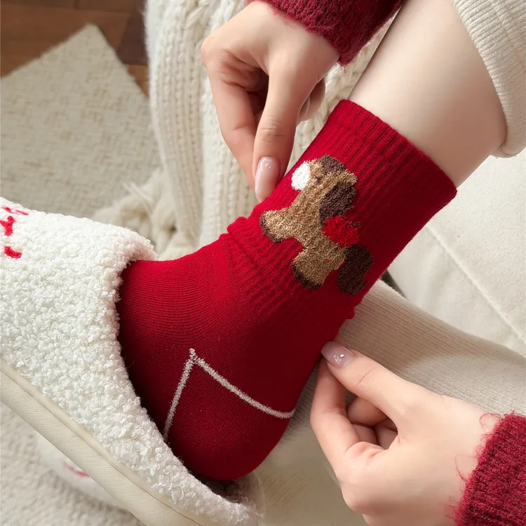 马年红袜子女本命年棉袜中筒秋冬2026属马可爱卡通条纹新年红袜
