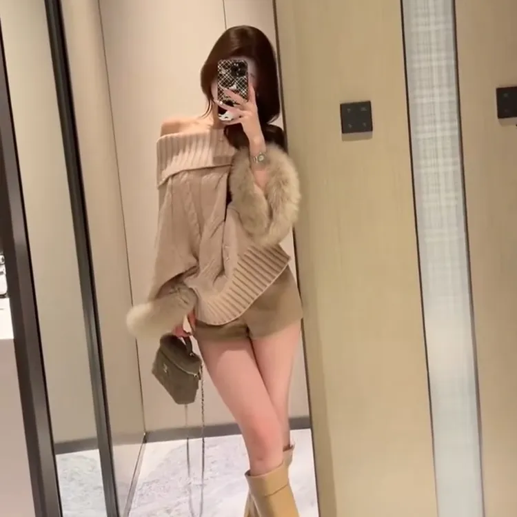 秋冬新款纯欲风袖口毛毛高领宽松百搭麻花针织上衣毛衣女