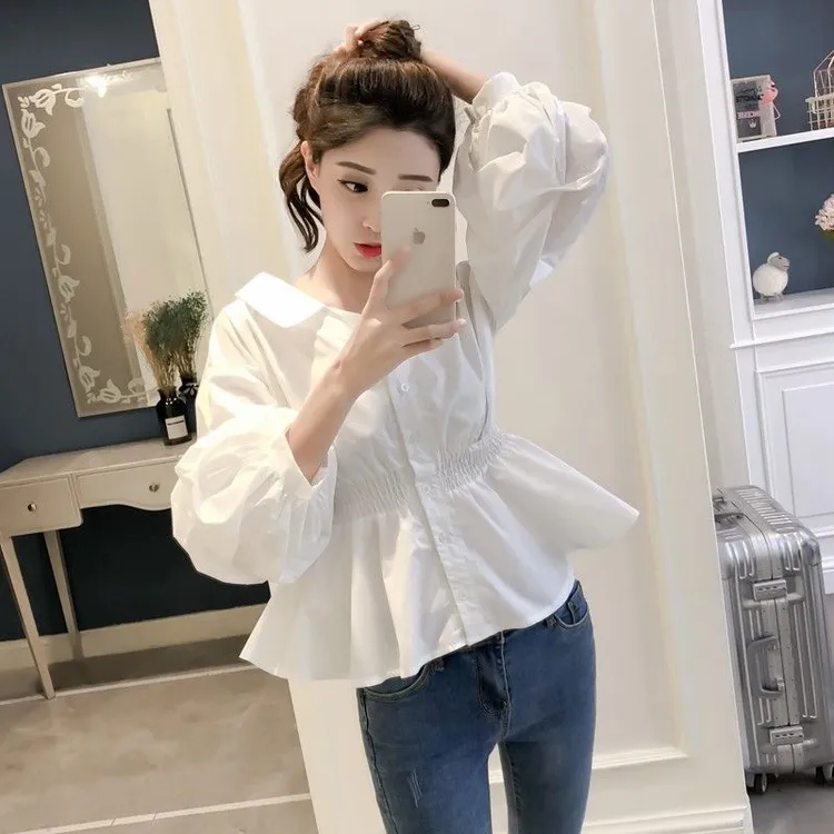 2025春秋新款韩范长袖白衬衫女娃娃衫学生chic上衣收腰灯笼袖衬衣