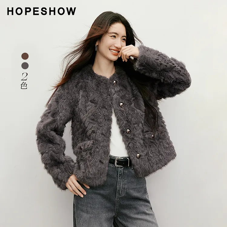 人造皮草 【可水洗】红袖2025冬新款小湖羊环保毛外套90125340405