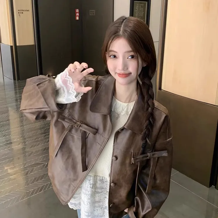 美拉德复古新款蝴蝶结皮衣外套女秋季美式辣妹休闲宽松夹克上衣