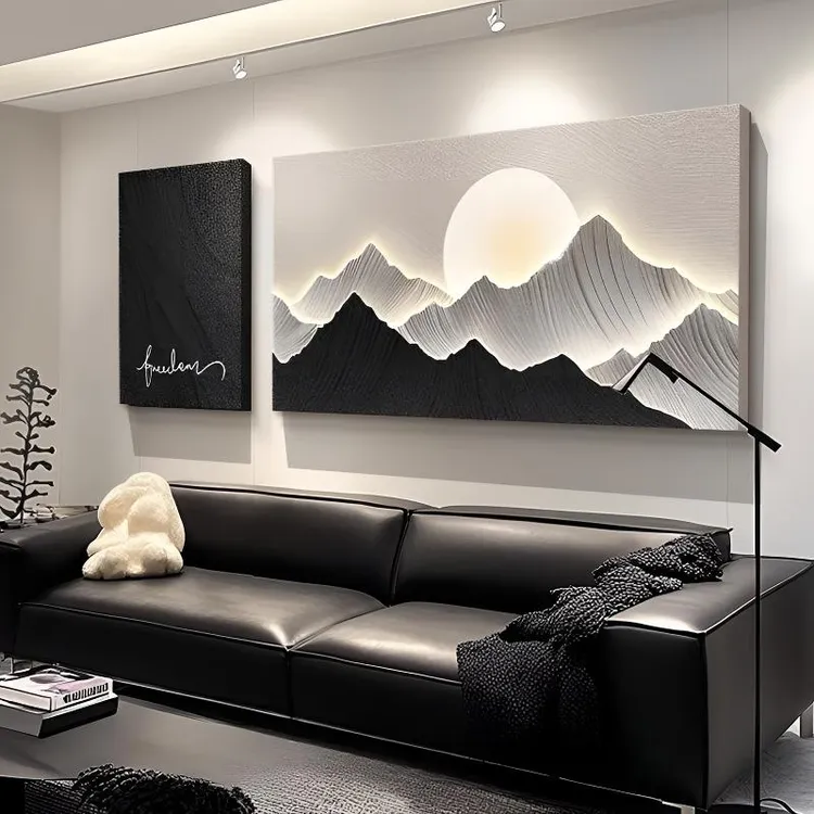 日照金山客厅沙发背景墙装饰抽象高级感大白客厅布置家居用品