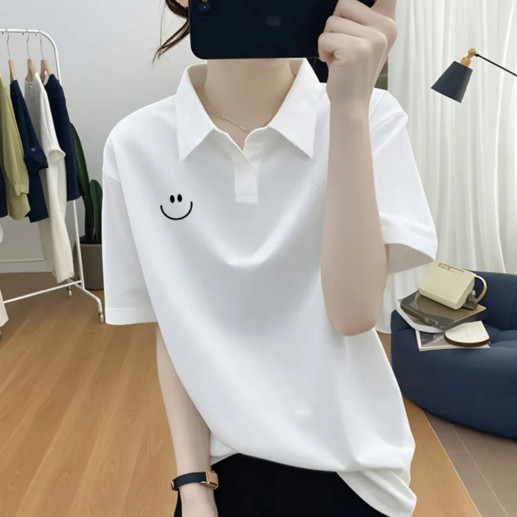 2025新款大码欧货白色短袖t恤女夏宽松显瘦polo领遮肉打底衫上衣