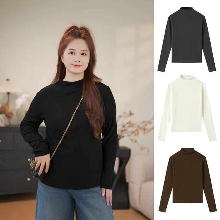 映晴加绒磨毛大码女装小立领打底衫百搭长袖半高领遮肉内搭T恤