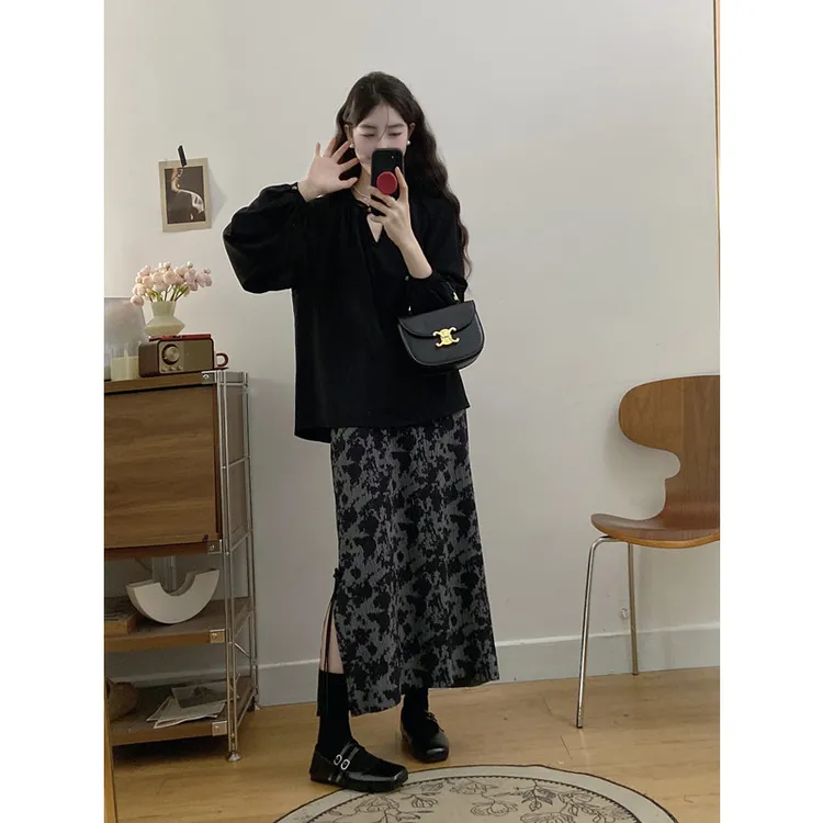 大码胖MM秋冬新款新中式显瘦宽松衬衣+半身高腰直筒裙两件套套装