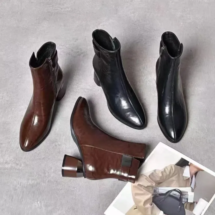 【品牌力荐】粗跟短靴女新款时尚棕色短靴秋冬尖头百搭英伦靴子317