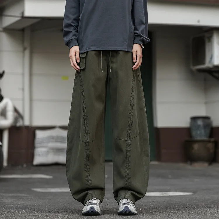 QIUYIDAODI秋冬美式复古重磅手工刺绣牛仔裤男女宽松直筒阔腿裤