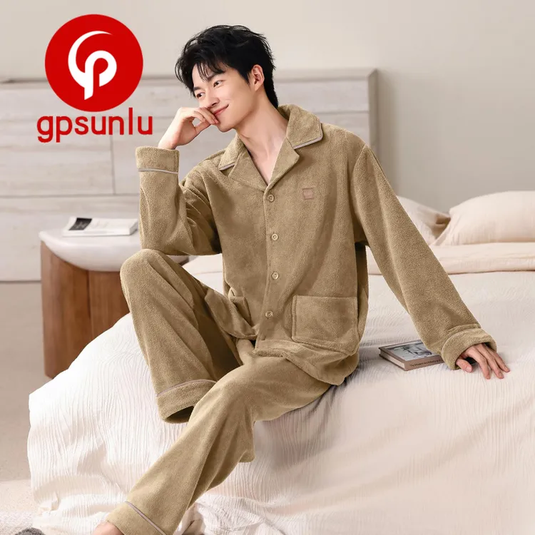 gpsunlu珊瑚绒睡衣高端男士秋冬新款保暖法兰绒家居服宽松加大码