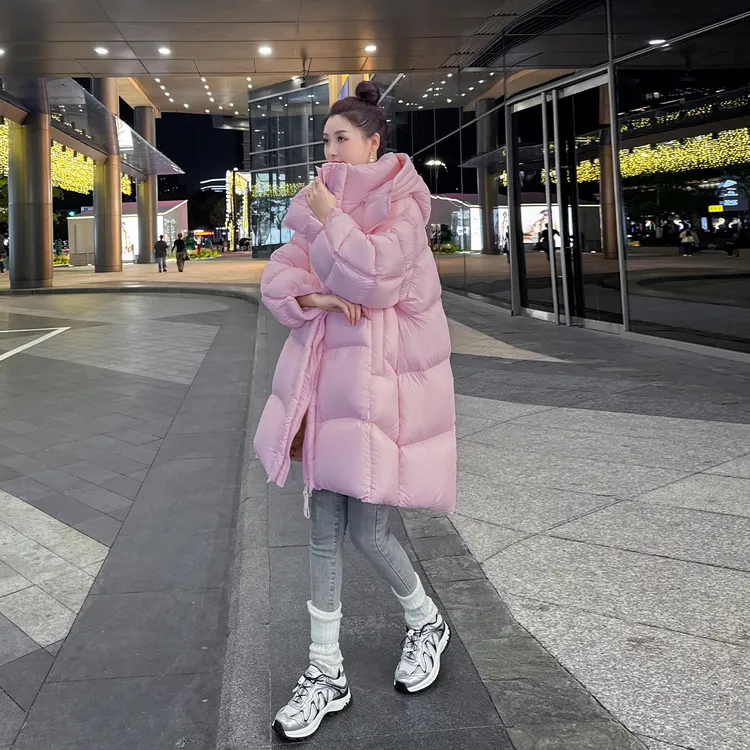 超厚羽绒服女中长款粉色2025冬装新款韩版连帽宽松极寒保暖外套潮