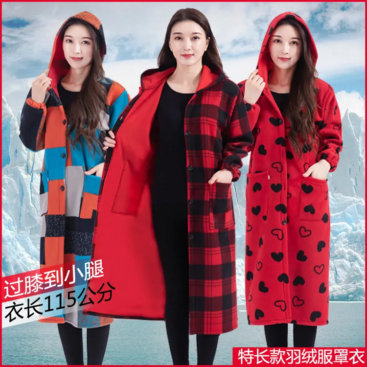 过膝长款罩衣女冬季成人加绒加厚时尚羽绒服外套工作服厨房围裙男