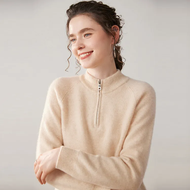 哥弟阿玛施正100%纯山羊绒衫女立领半开拉链帽衫针织毛衣宽松上衣
