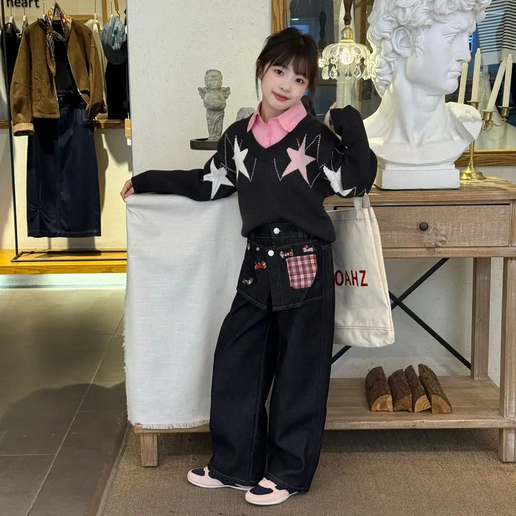 2025女童秋冬衬衫领菱形五角星毛衣腊肠狗拼接假两件加绒牛仔裤潮