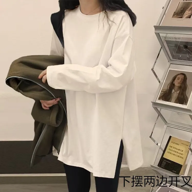 中长款T恤女打底衫秋冬长袖遮屁股宽松下摆开叉设计感显瘦上衣女