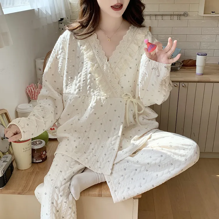 秋冬季空气棉和服月子服大码夹层孕妇睡衣产后喂奶哺乳纯棉家居服