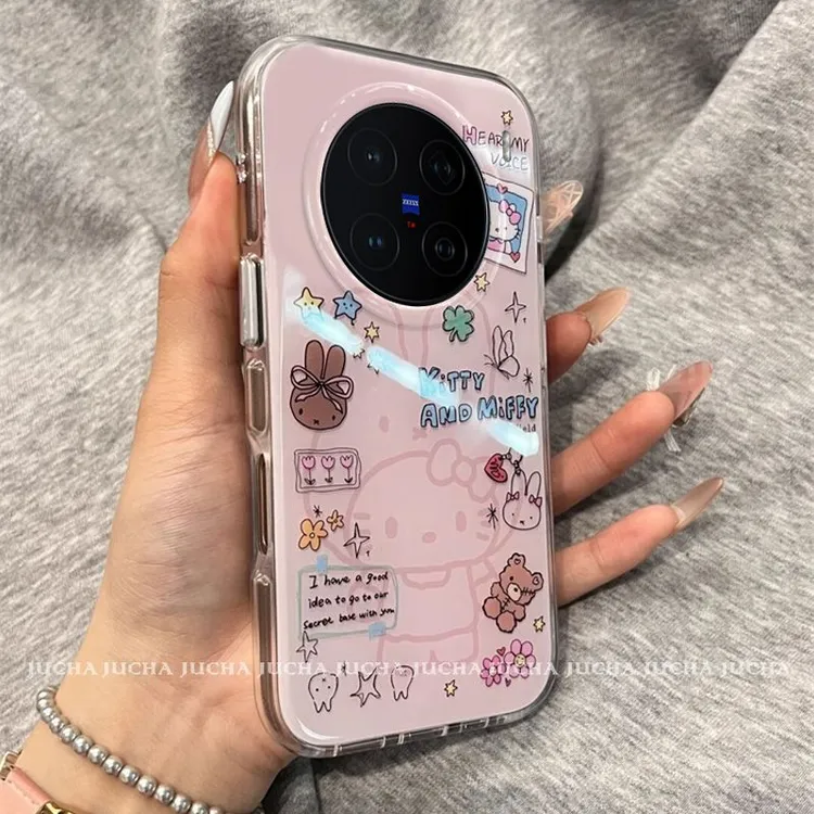 粉色猫咪适用苹果16pro手机壳可爱华为pura70防摔opporeno14女士