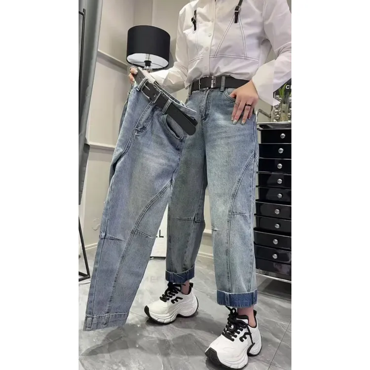 艾塔莉遮肉阔腿牛仔裤女春季新款胖mm显瘦大码直筒裤弯刀裤小个子