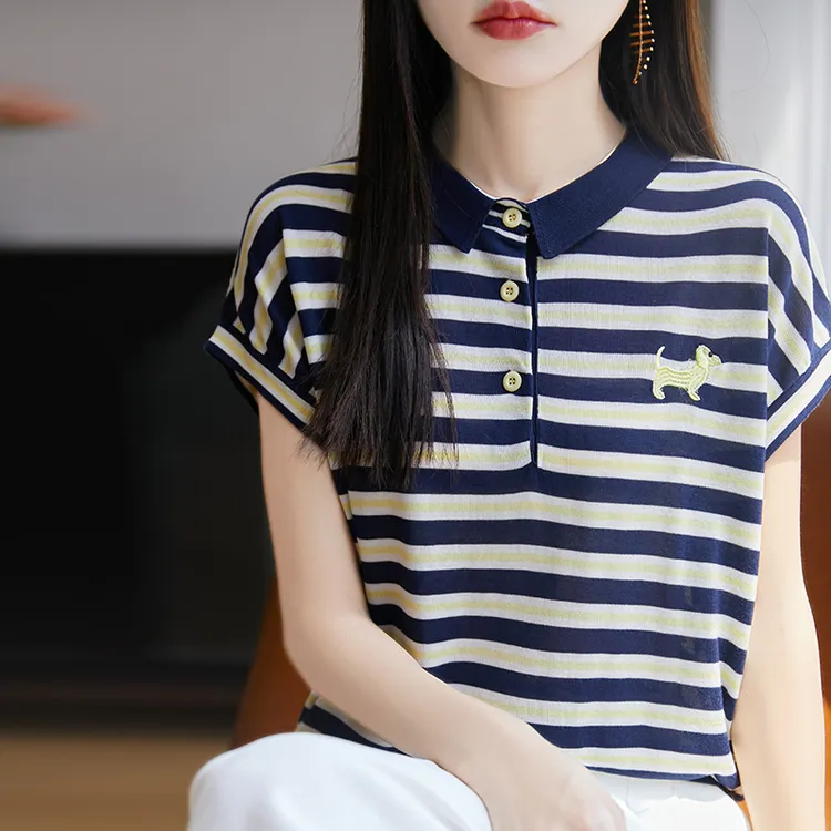 薄如蝉翼~莱赛尔天丝女士polo领刺绣夏季针织衫