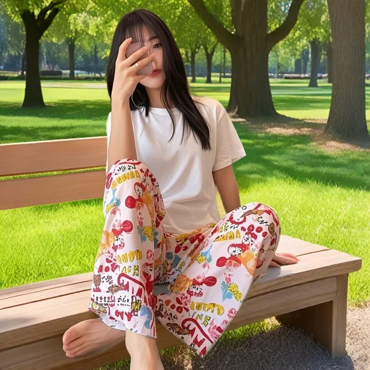 薄棉绸睡裤女宽松人造棉家居休闲沙滩夏季裤子长裤显瘦印花休闲裤