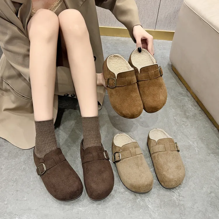 5CM加绒厚底内增高包头勃肯拖鞋女外穿2025新款一脚蹬博肯鞋半拖