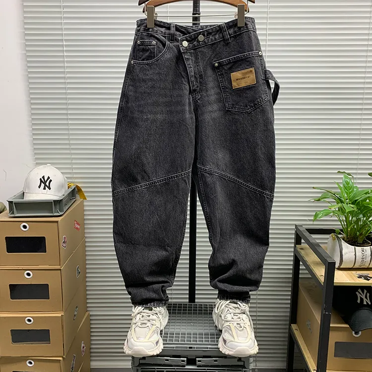 美式复古潮牌直筒宽松阔腿裤男士春秋新款高街痞帅水洗做旧牛仔裤