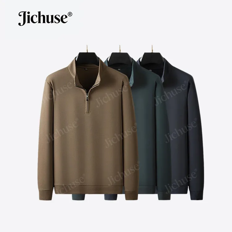 加绒半高领拉链男士卫衣休闲百搭反面抓绒纯色秋冬男士新款休闲装